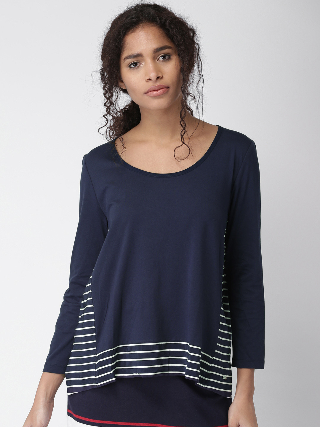 Buy Tommy Hilfiger Women Navy Blue & White Striped Pure Cotton Top