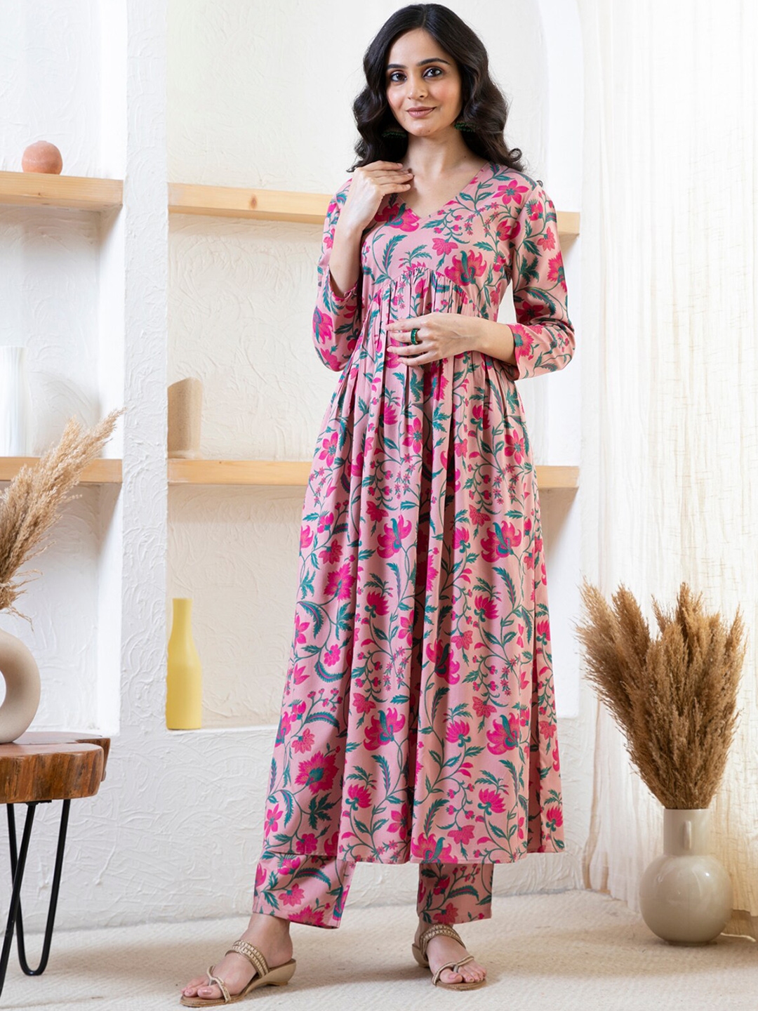 Buy Rustorange Floral Printed V Neck A Line Pleated Kurta With Trousers ...