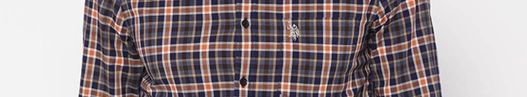 Buy U.S. Polo Assn. Men Navy Blue & Orange Tailored Fit Checked Casual ...