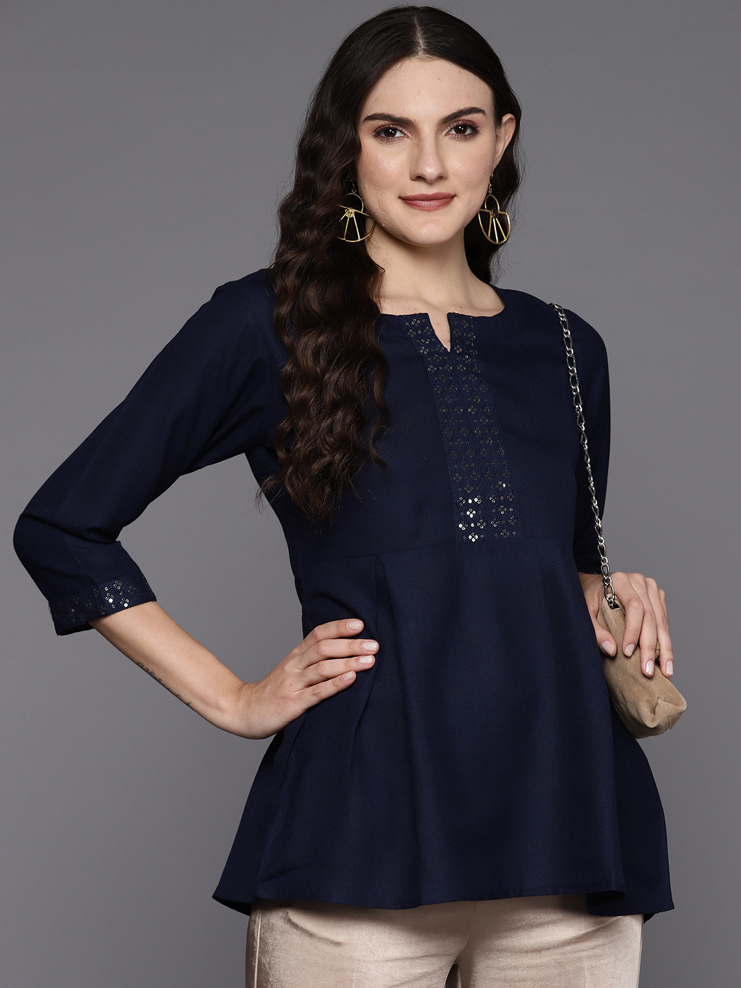 Indo Era Navy Blue Ethnic Print Ethnic Longline Top