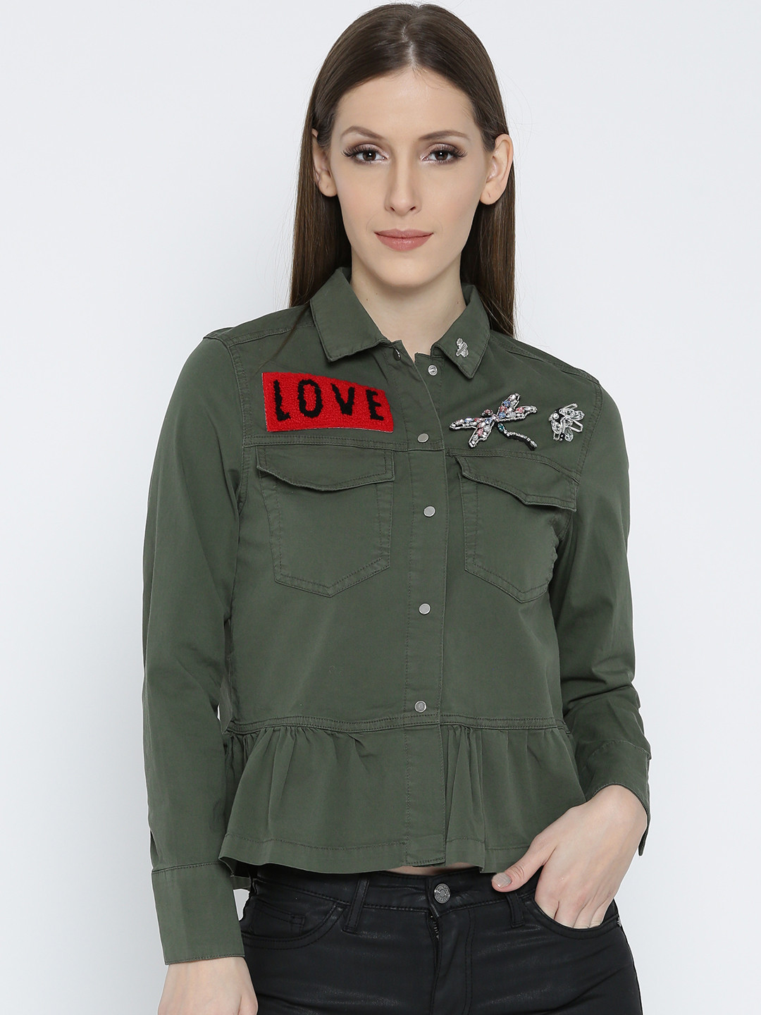 Buy MANGO Women Olive Green Solid Denim Shirt Shirts for Women