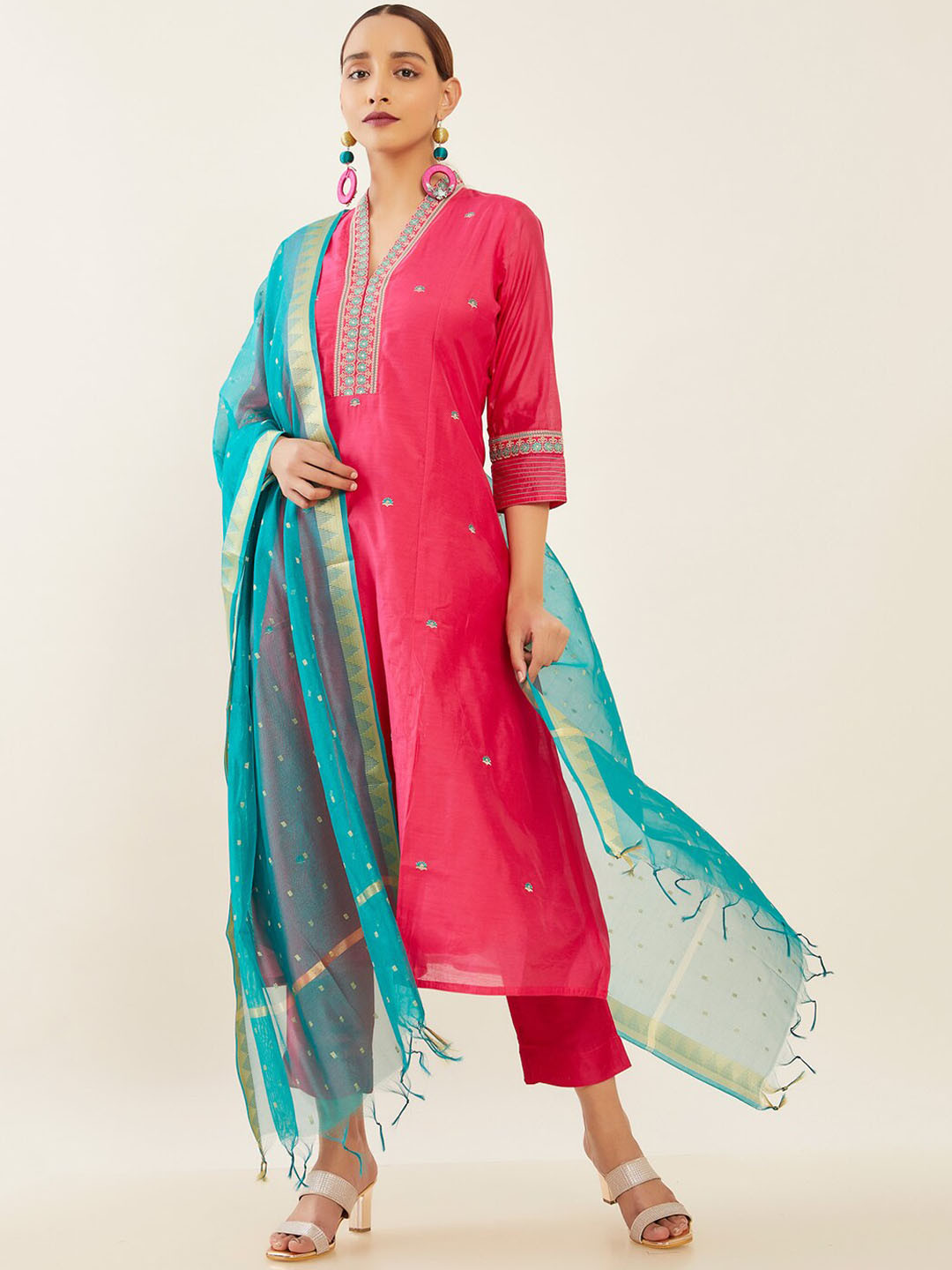 Women Silk Blend Grey Embroidered Kurta Trouser Chanderi Dupatta