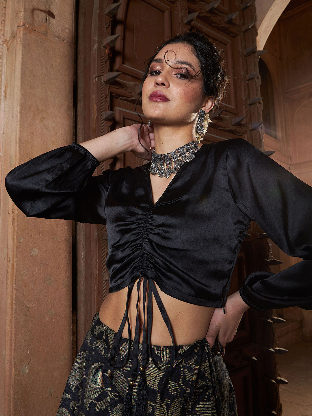 Buy Shae By SASSAFRAS V Neck Ruched Satin Crop Top - Tops for Women ...