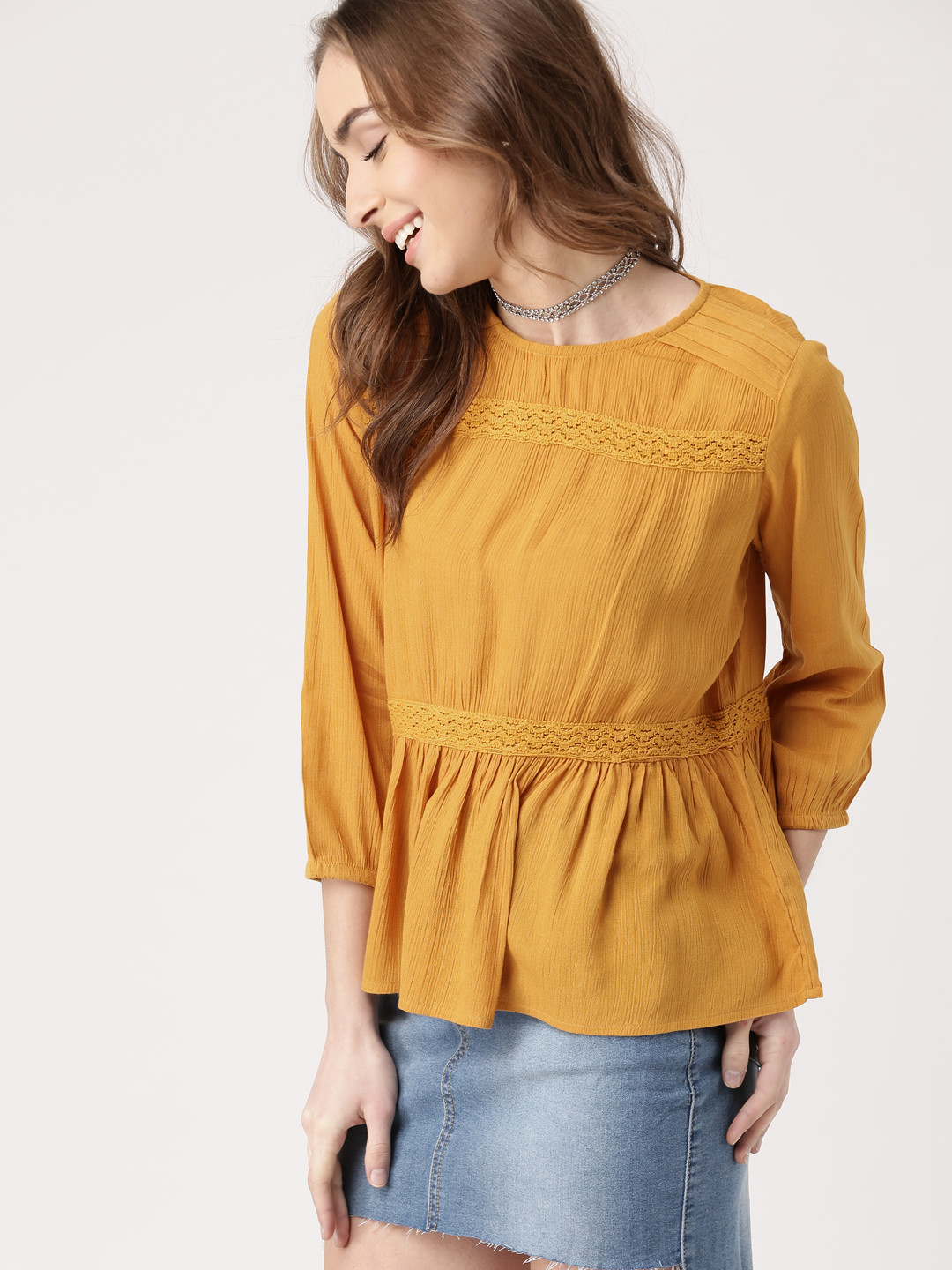 Buy DressBerry Women Mustard Yellow Solid A Line Top Tops for Women