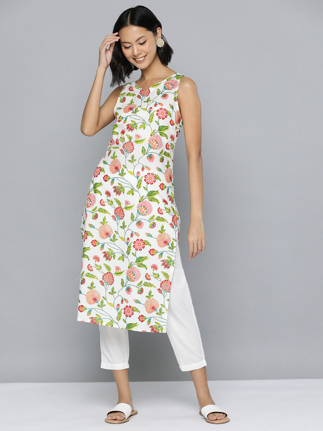Buy HERE&NOW Floral Printed Pure Cotton Sleeveless Kurta With Trousers