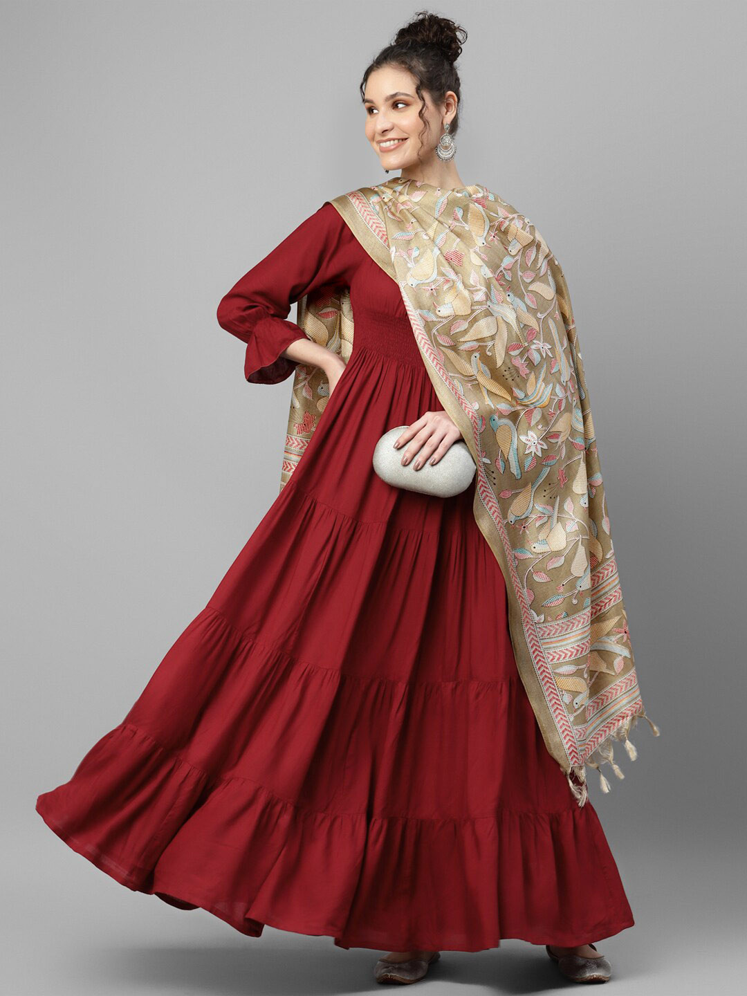 Buy DEEBACO Smocked Tiered Bell Sleeves Anarkali Kurta With Dupatta