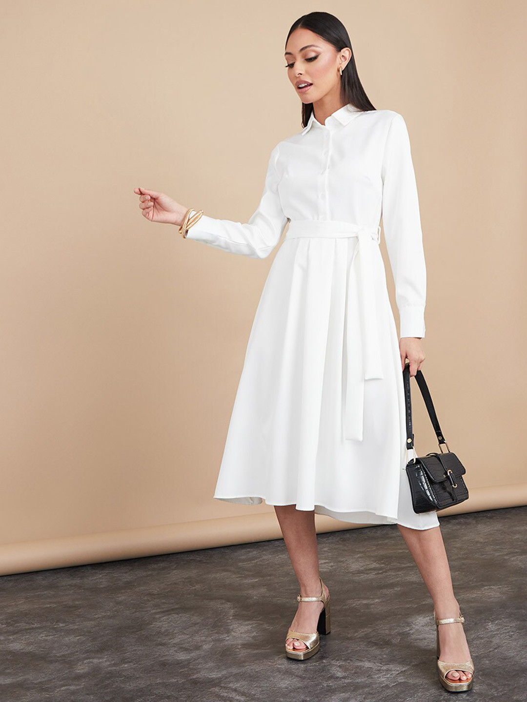 Buy Styli Shirt Collar Waist Tie Up Cuffed Sleeves Midi Dress Dresses