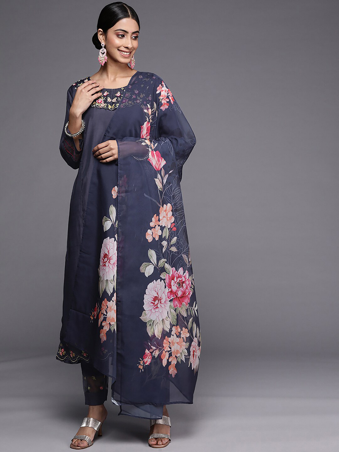 Indo Era Blue Wwoven Design Regular Kurta with Trousers & Dupatta
