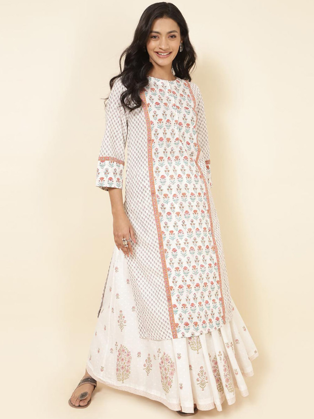 Grey Printed 3/4Th Cold Shoulder Sleeve Cotton Anarkali Kurta