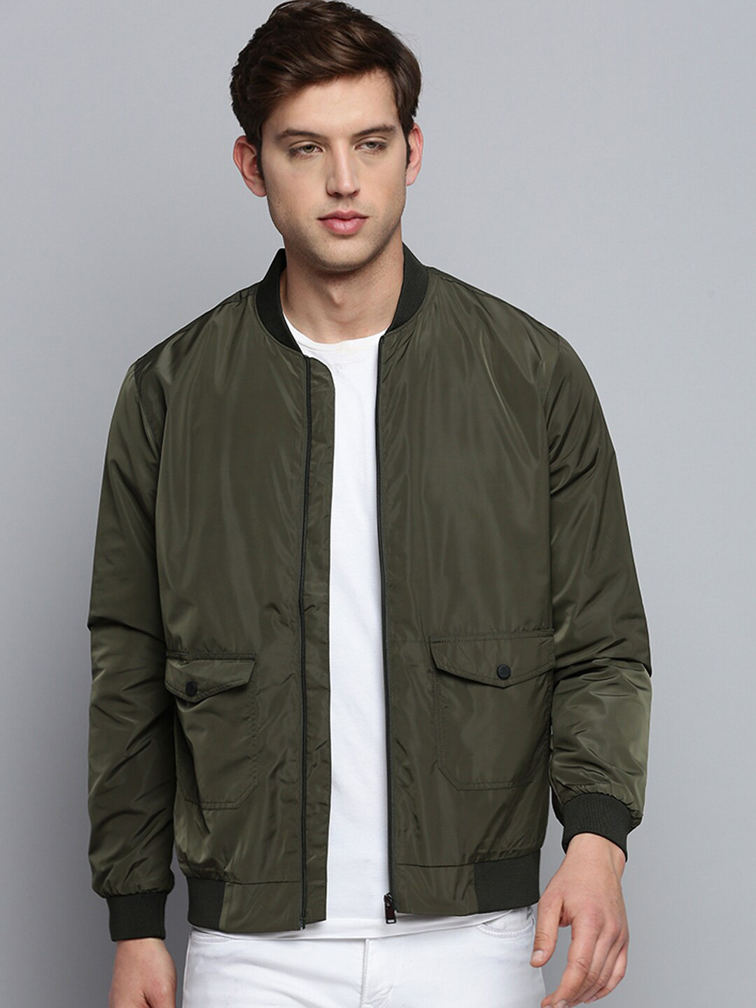 Men's Olive Mandarin Collar Solid Windcheater Longline Bomber Jacket