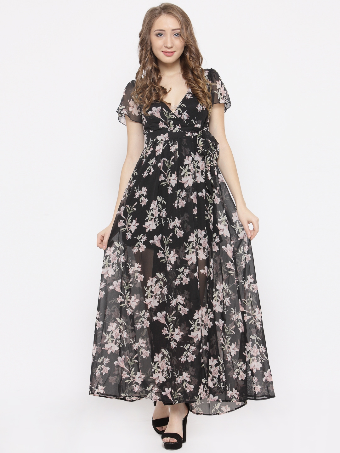Buy FOREVER 21 Women Black Floral Print Wrap Maxi Dress - Dresses for ...