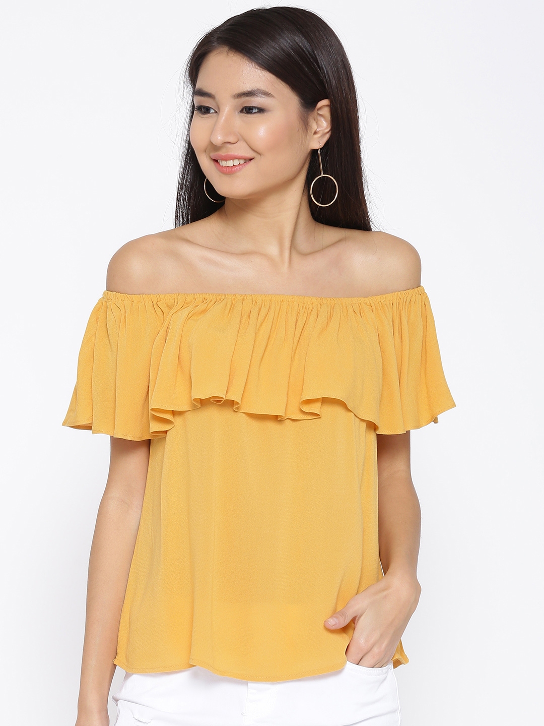 Buy FOREVER 21 Women Mustard Yellow Solid Bardot Top Tops For Women   11514960276456 FOREVER 21 Women Mustard Yellow Solid Bardot Top 8311514960276375 1 