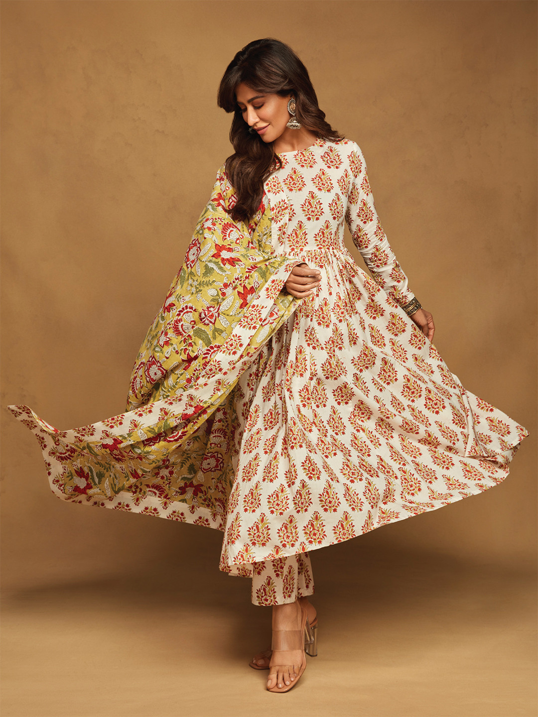 Women Brown Printed Crepe Sleeveless Anarkali Kurta With Coffee Brown Layer At Front main image 1
