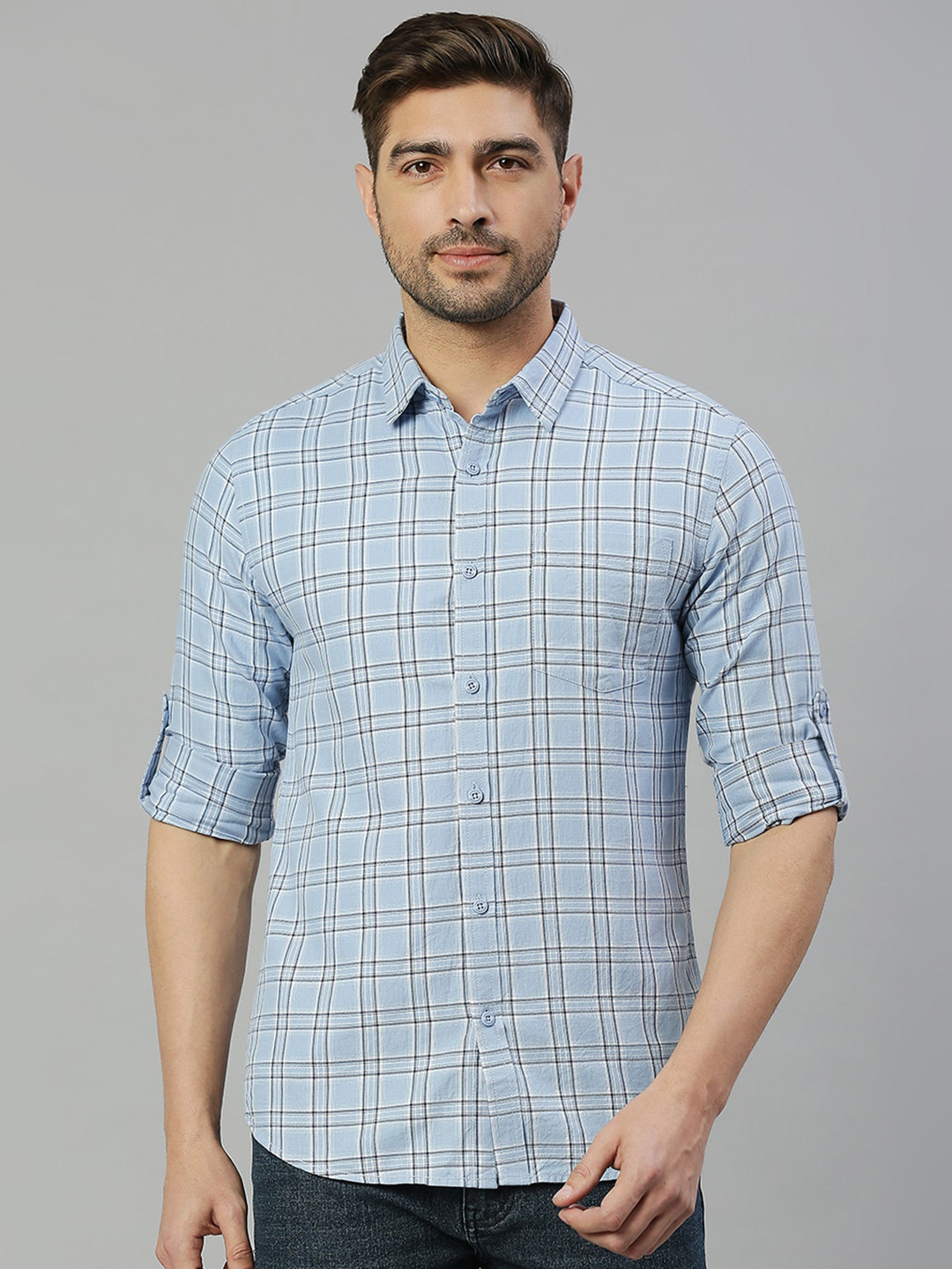 Men's Blue Standard Slim Fit Tartan Checked Spread Collar Seersucker Weave Cotton Shirt