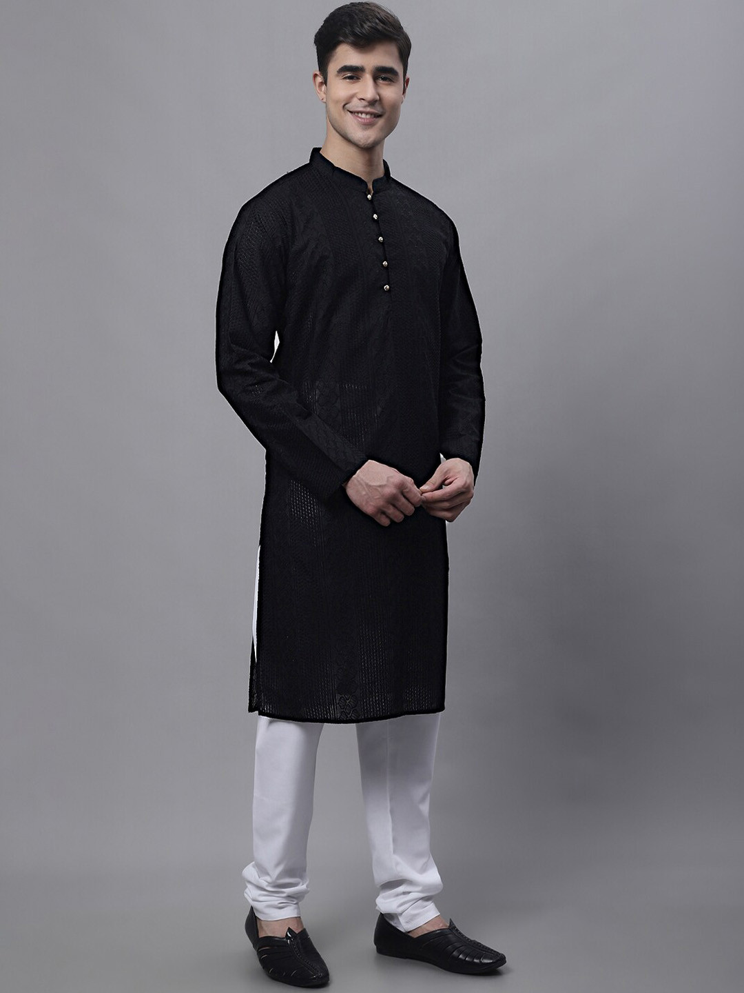 Men Mustard Chikankari Embroidered And Sequence Kurta With Churidar