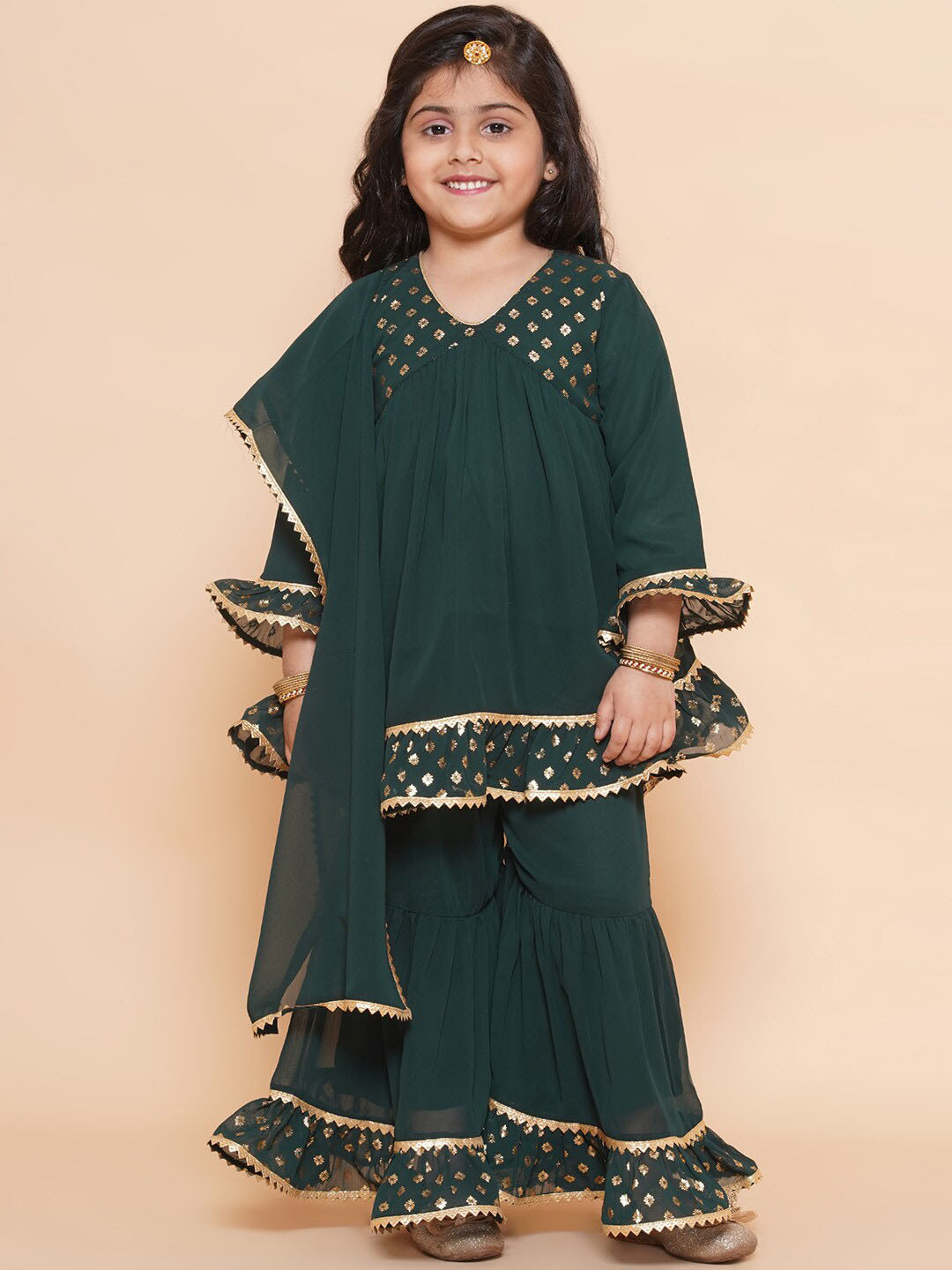Girls Ethnic Motifs Printed Empire Kurta With Sharara & With Dupatta