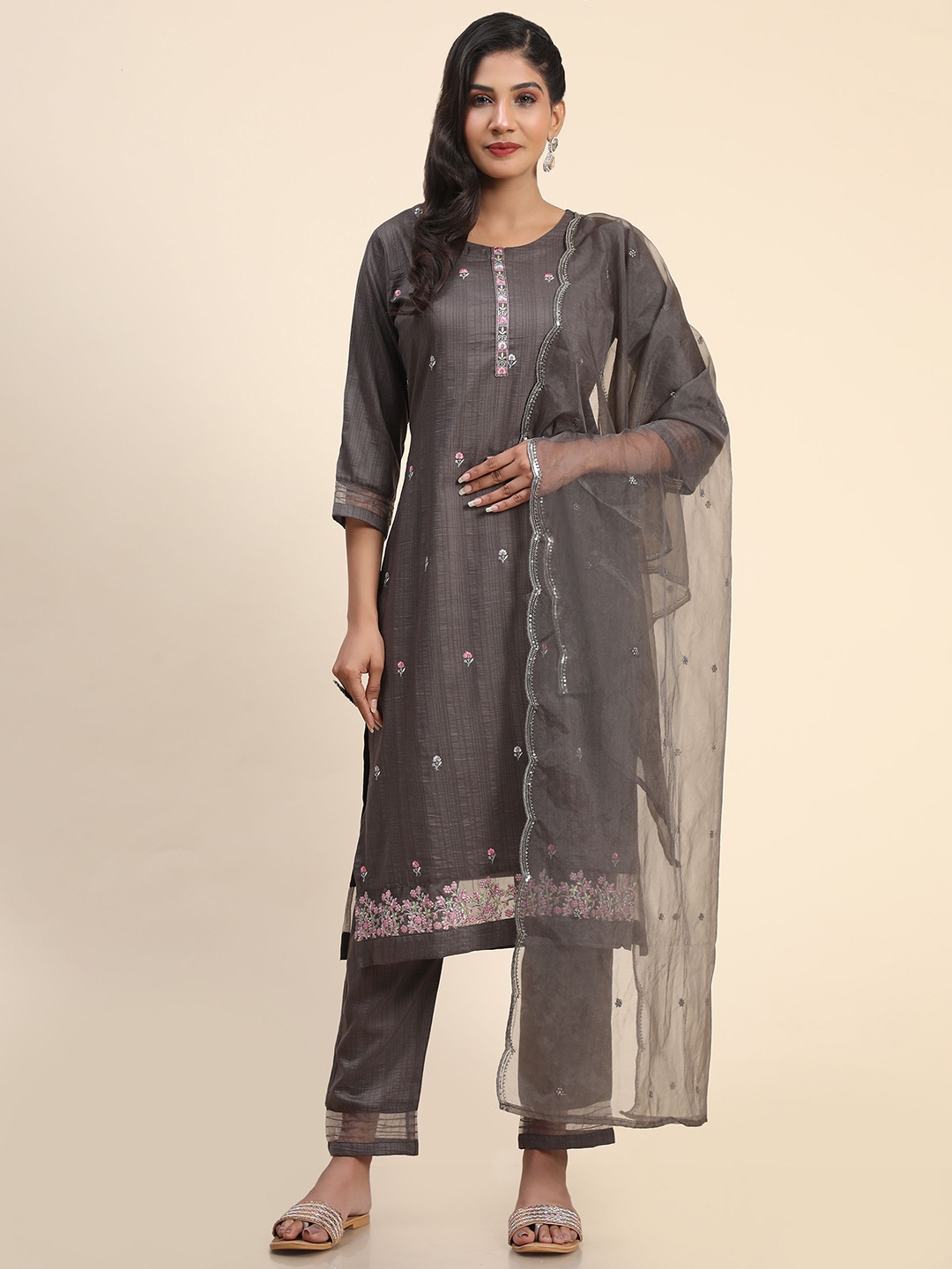 Buy KALINI Floral Embroidered Thread Work Kurta With Trousers & Dupatta ...