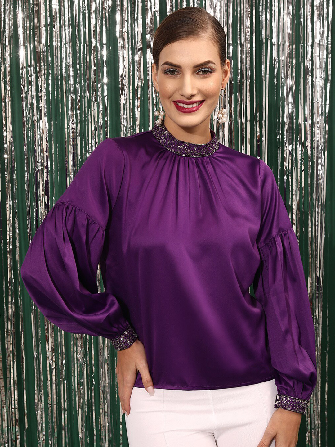 Buy STREET 9 High Neck Sequined Gathered Puff Sleeves Top Tops For buy-street-9-high-neck-sequined-gathered-puff-sleeves-top-tops-for