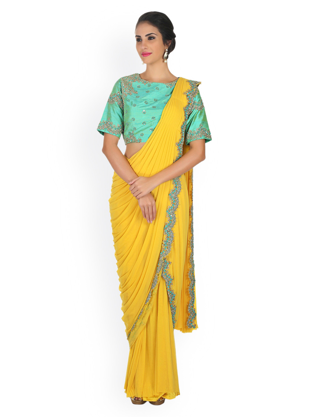 Buy Kalki Yellow Solid Net Pre Stitched Saree Sarees for Women