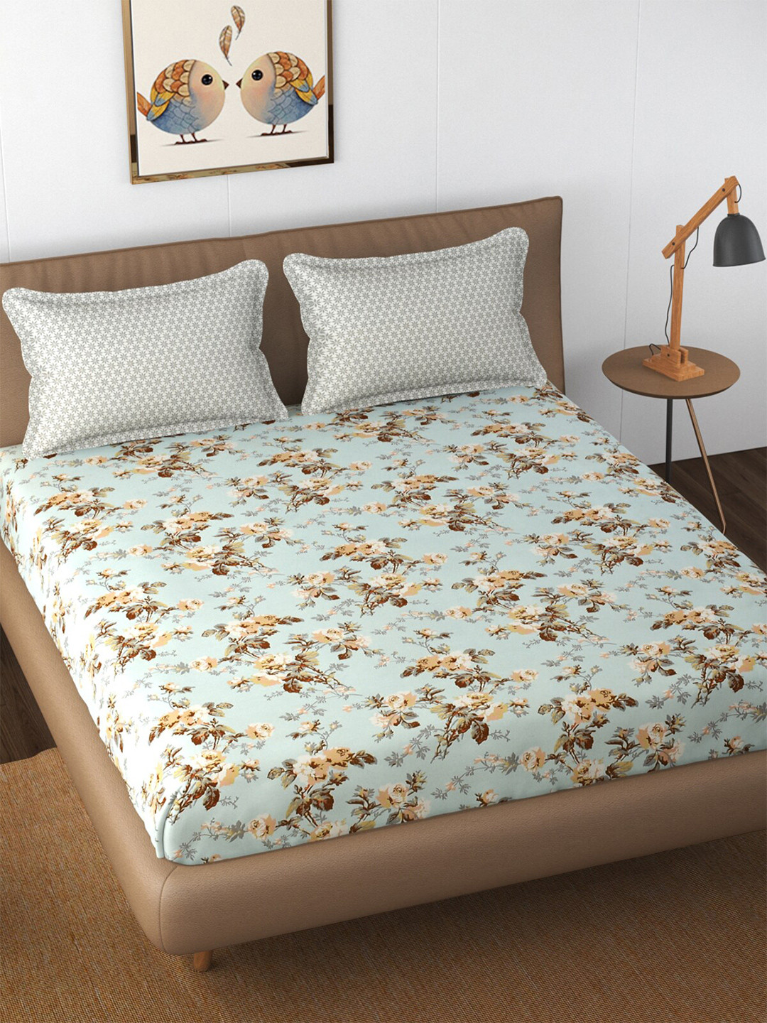 Buy Florida Blue & Brown Floral Printed 180 TC Fitted King Bedsheet