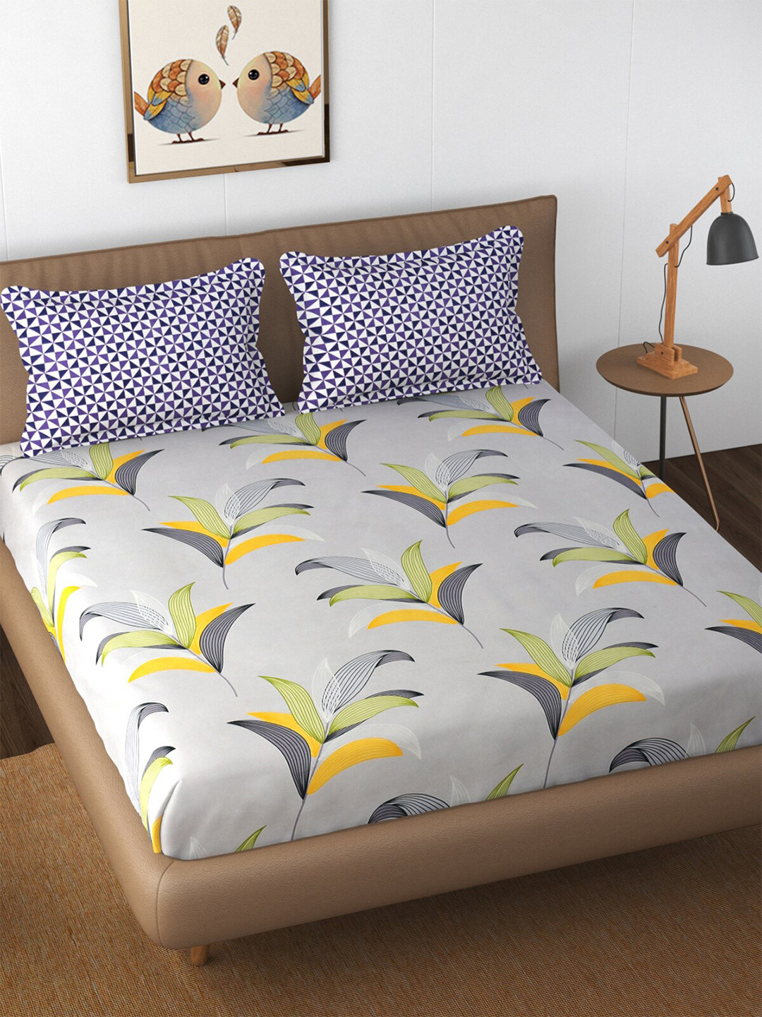 Buy Florida Reeva Grey & Green Floral Printed 180 TC Fitted King