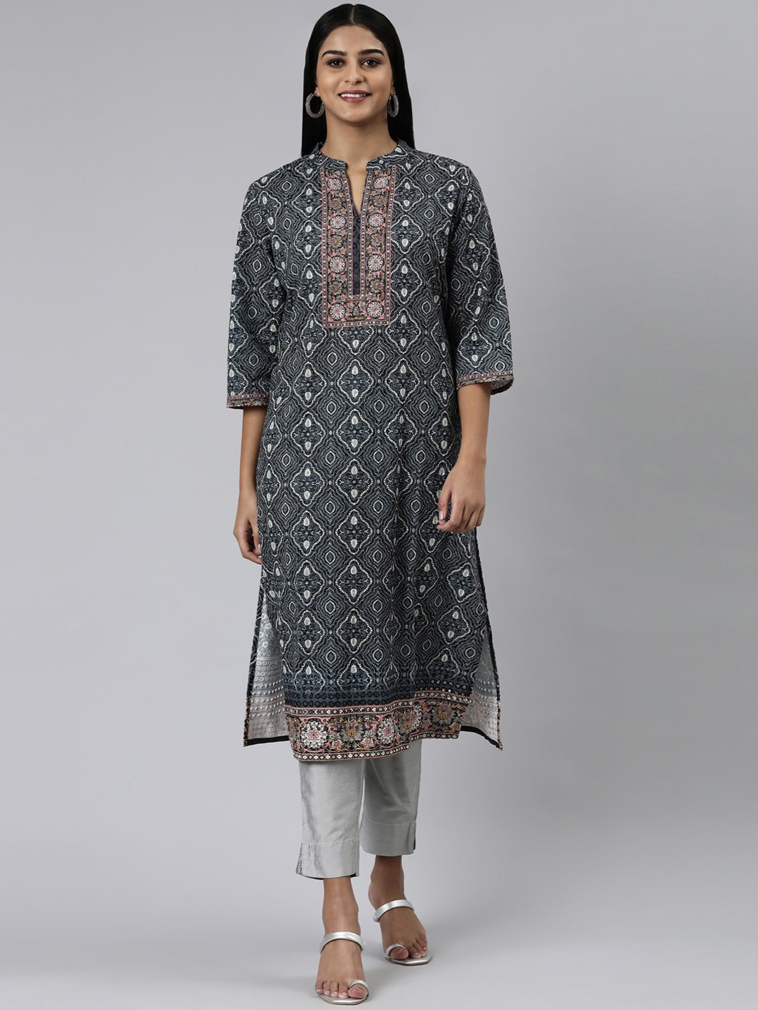 Buy Neerus Ethnic Motifs Printed Band Collar Straight Kurta Kurtas
