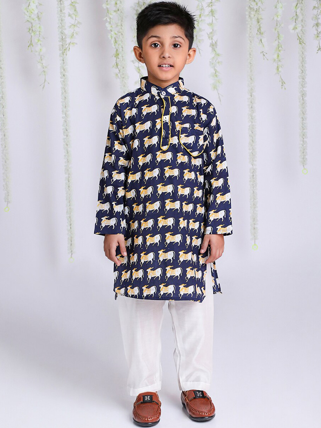 Blue kantha kurta with pathani pants for boys main image 1