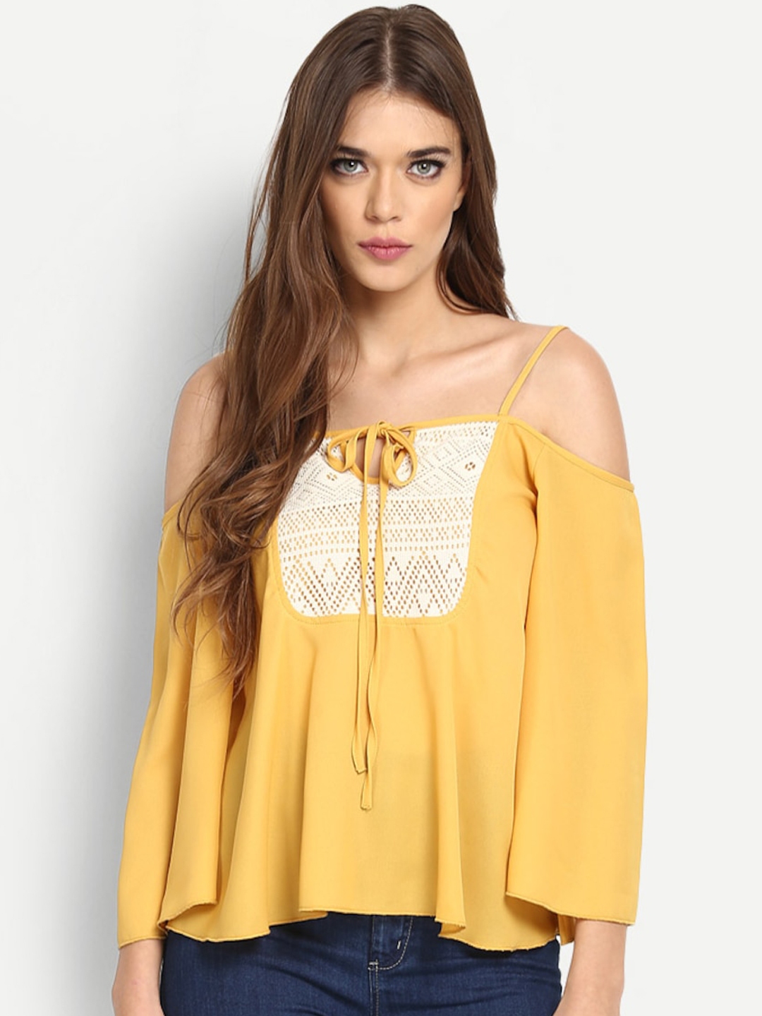 Buy StalkBuyLove Women Mustard Yellow Solid Cold Shoulder Top - Tops ...