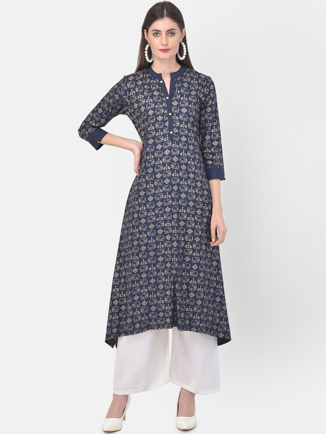 Buy Span Ethnic Motifs Printed Band Collar Cotton A Line Kurta Kurtas