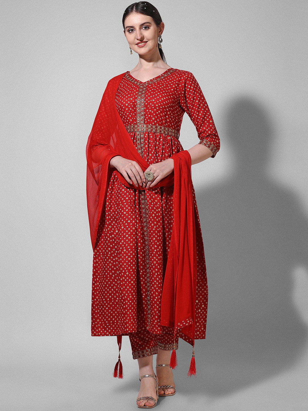 Orange Georgette Bandhani and Embroidered Work Jacket Style Hight Front Slit A-Line Kurta and Palazzo Set