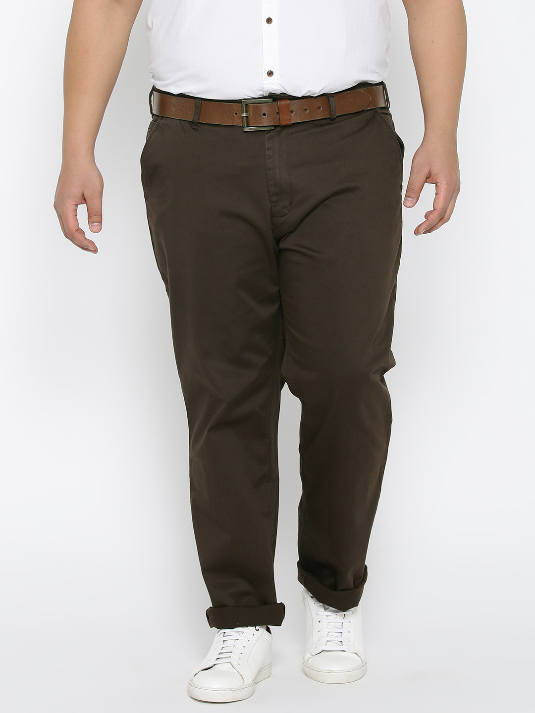 Buy ALL Plus Size Men Coffee Brown Solid Chinos Trousers for Men