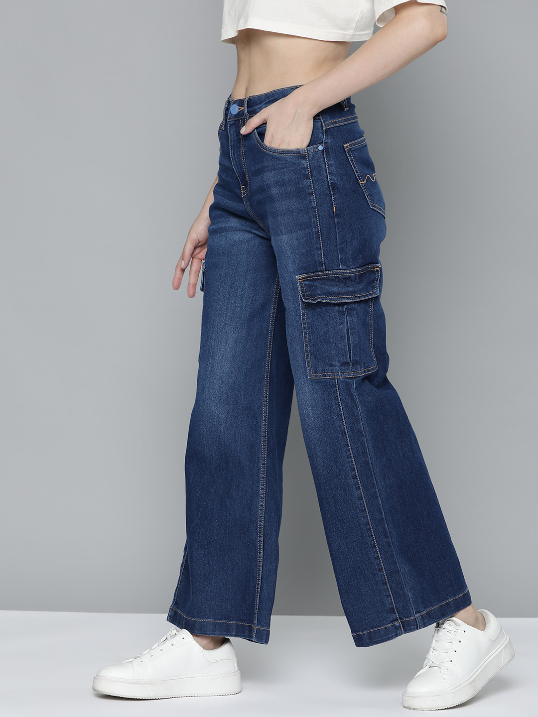 High Rise Elastic Waist Cargo Straight Leg Jeans main image 0