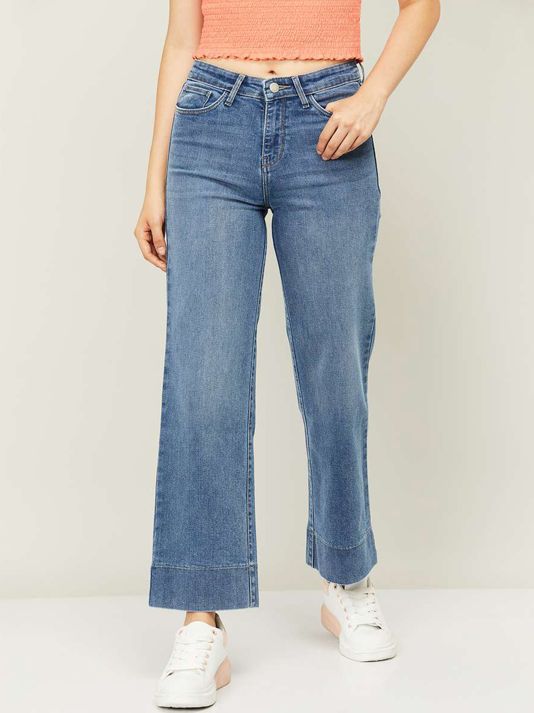 Buy Xpose Women Comfort Wide Leg High Rise Light Fade Cuffed Hem Stretchable Jeans Jeans for