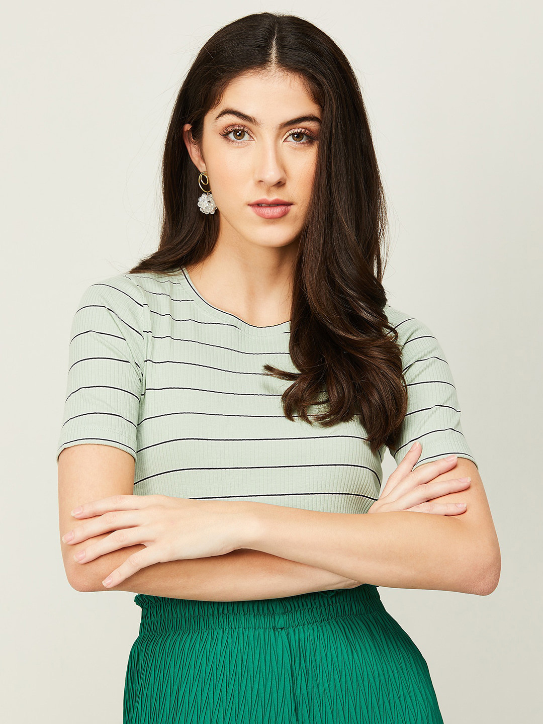 Buy CODE By Lifestyle Horizontal Stripes Striped Fitted Cotton Top