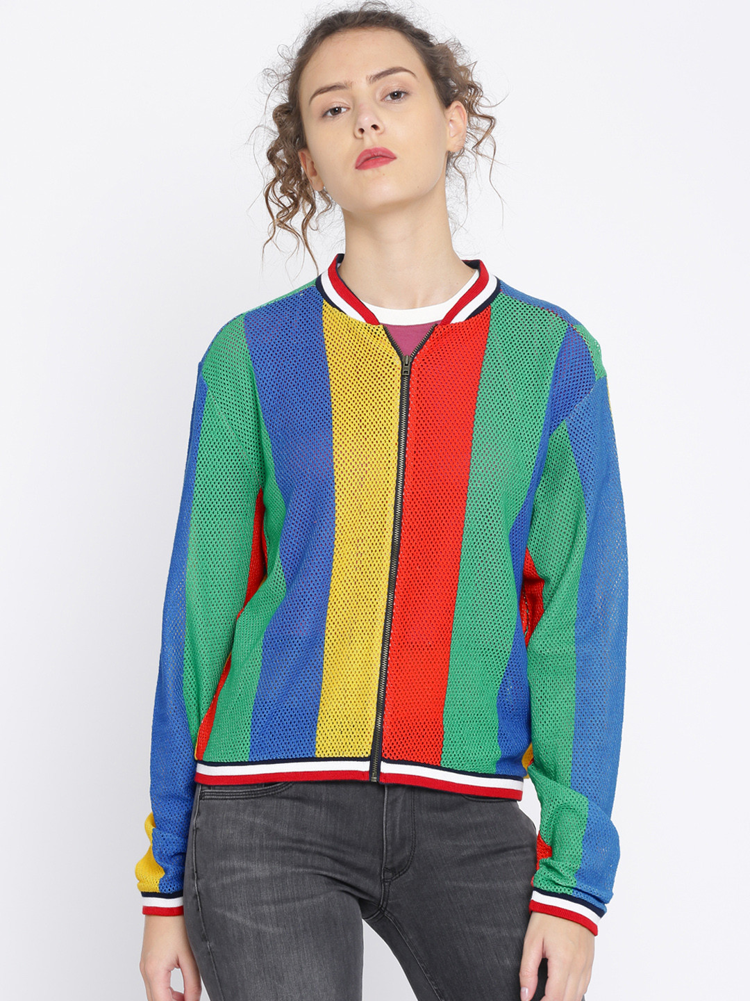 Buy Tommy Hilfiger Women Multicoloured Self Design Bomber Jacket