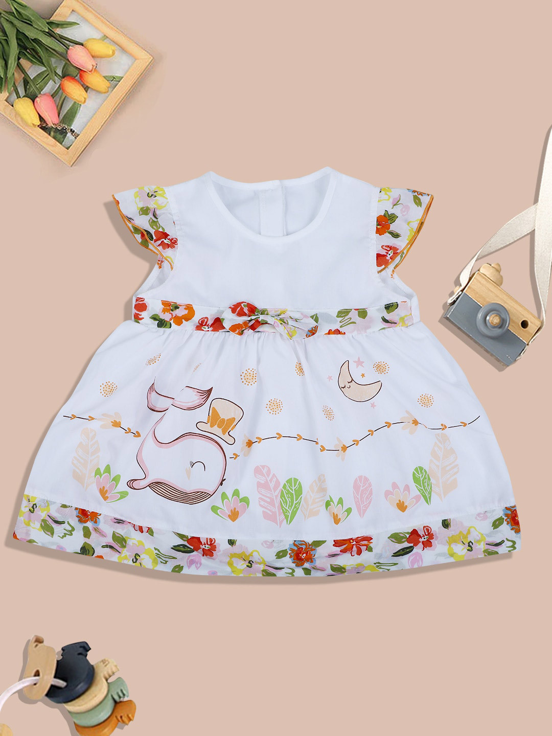Buy Baby Moo Infants Girls Conversational Printed Bow Detail Pure Cotton A Line Dress Dresses