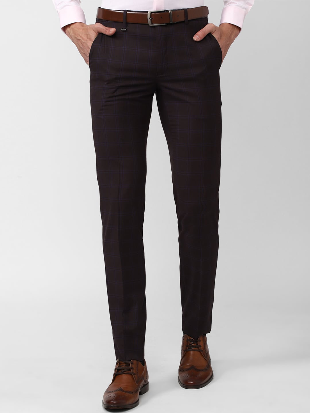 Buy Van Heusen Men Checked Mid Rise Slim Fit Formal Trousers - Trousers ... image.