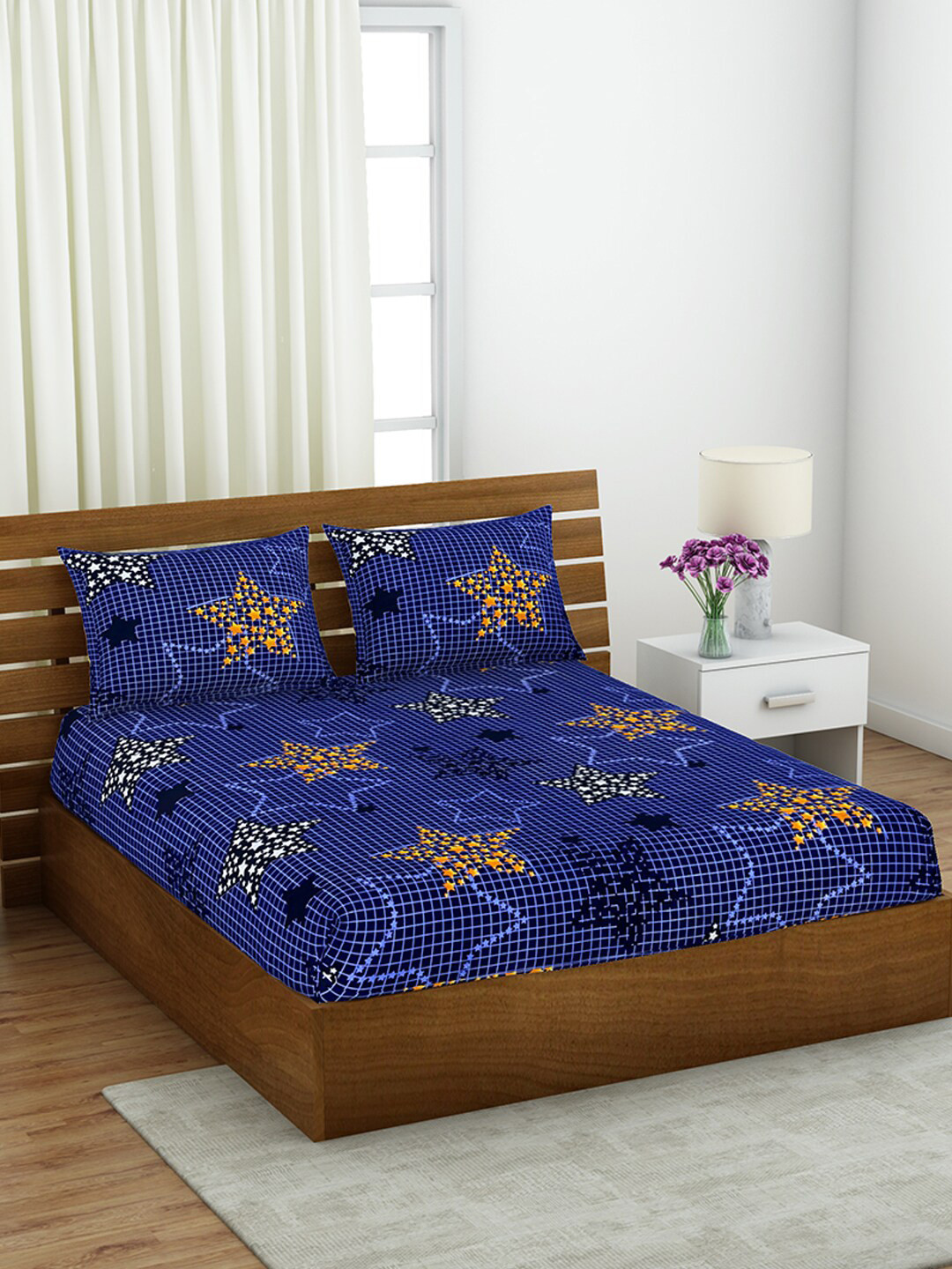 Buy Welspun Blue & Orange Conversational Printed 144 TC Queen Bedsheet