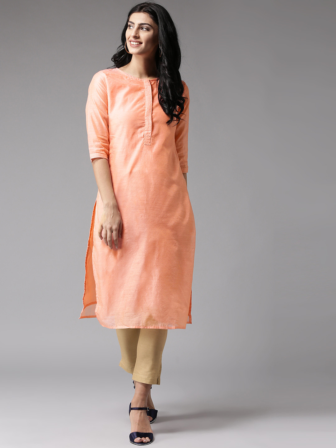 Solid Peach Kurta With Closed Collar And Pleats In Yoke