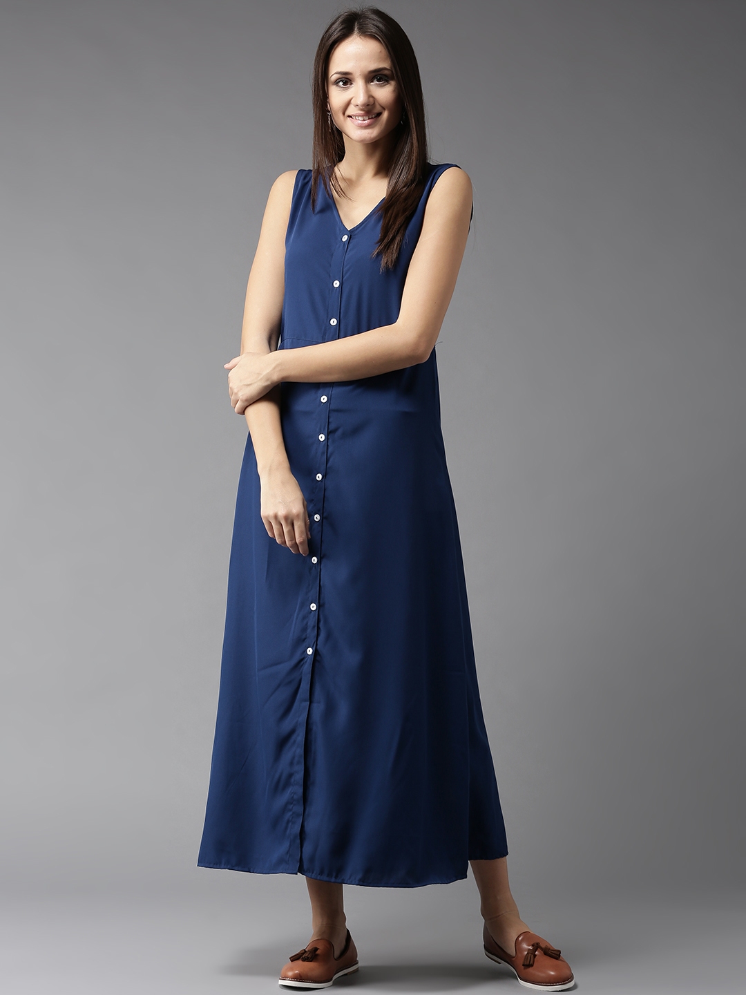 Buy Hereandnow Women Blue Solid A Line Maxi Dress Dresses For Women 2214144 Myntra 2220