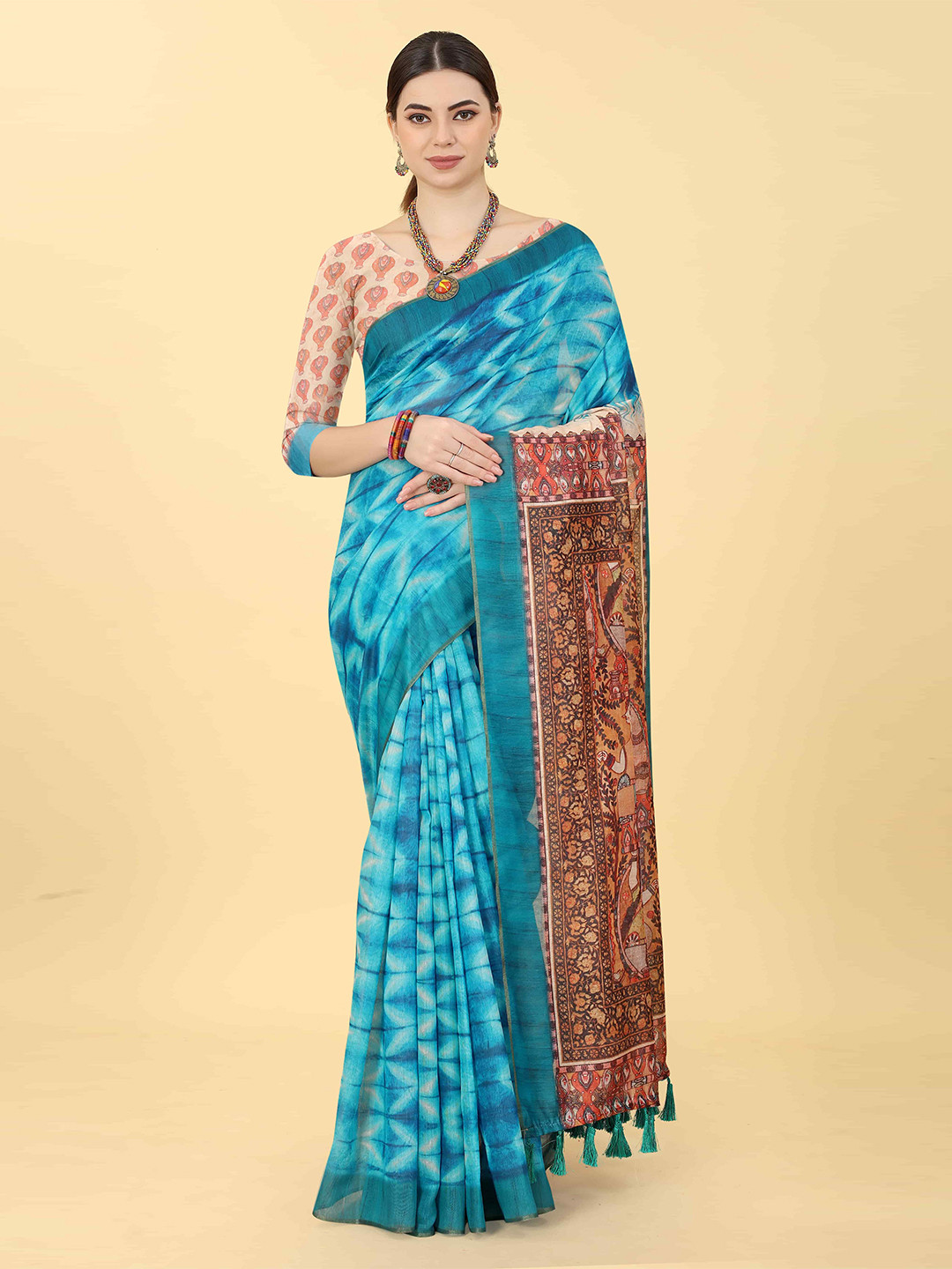 Buy Silk Land Kalamkari Printed Pallu Zari Chanderi Saree With Tassels