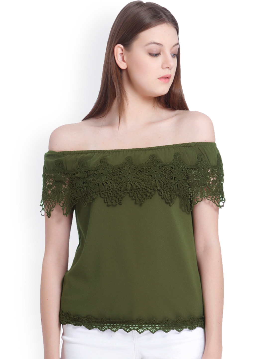 Buy Vero Moda Women Olive Green Solid Bardot Top Tops for Women