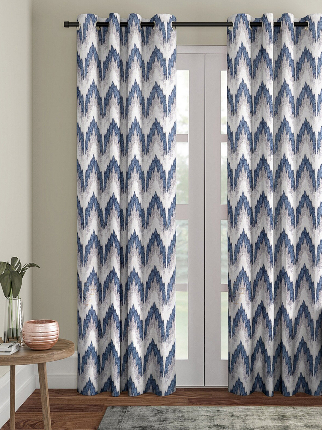 Buy ROMEE Blue & Off White Geometric Room Darkening Door Curtain 
