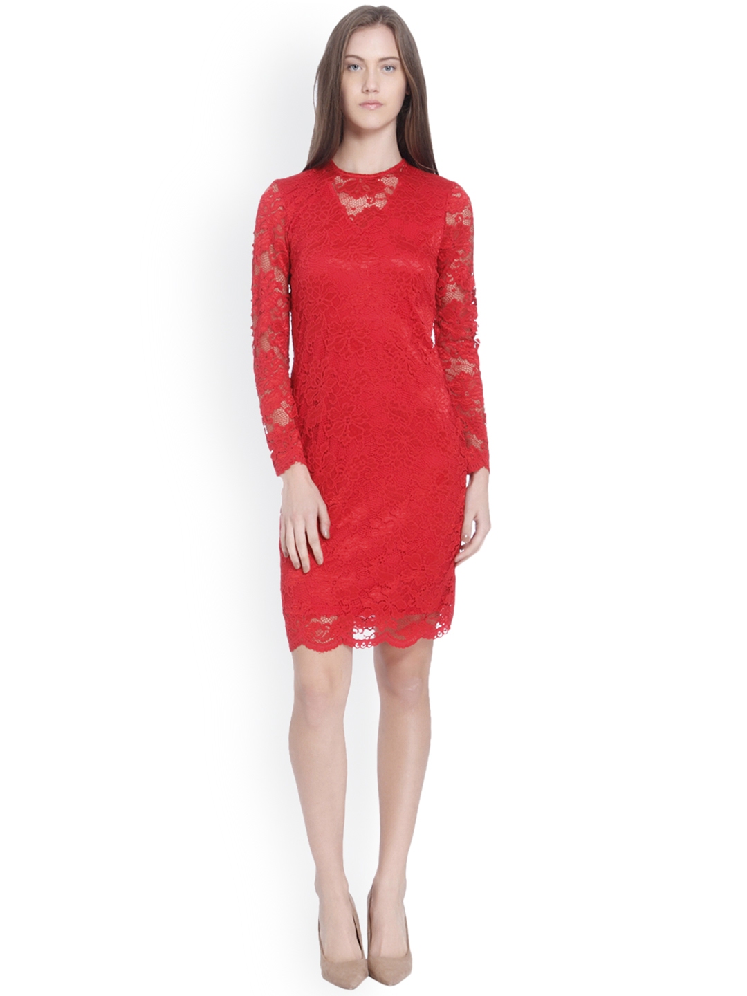 Buy Vero Moda Women Red Solid Bodycon Lace Dress Dresses