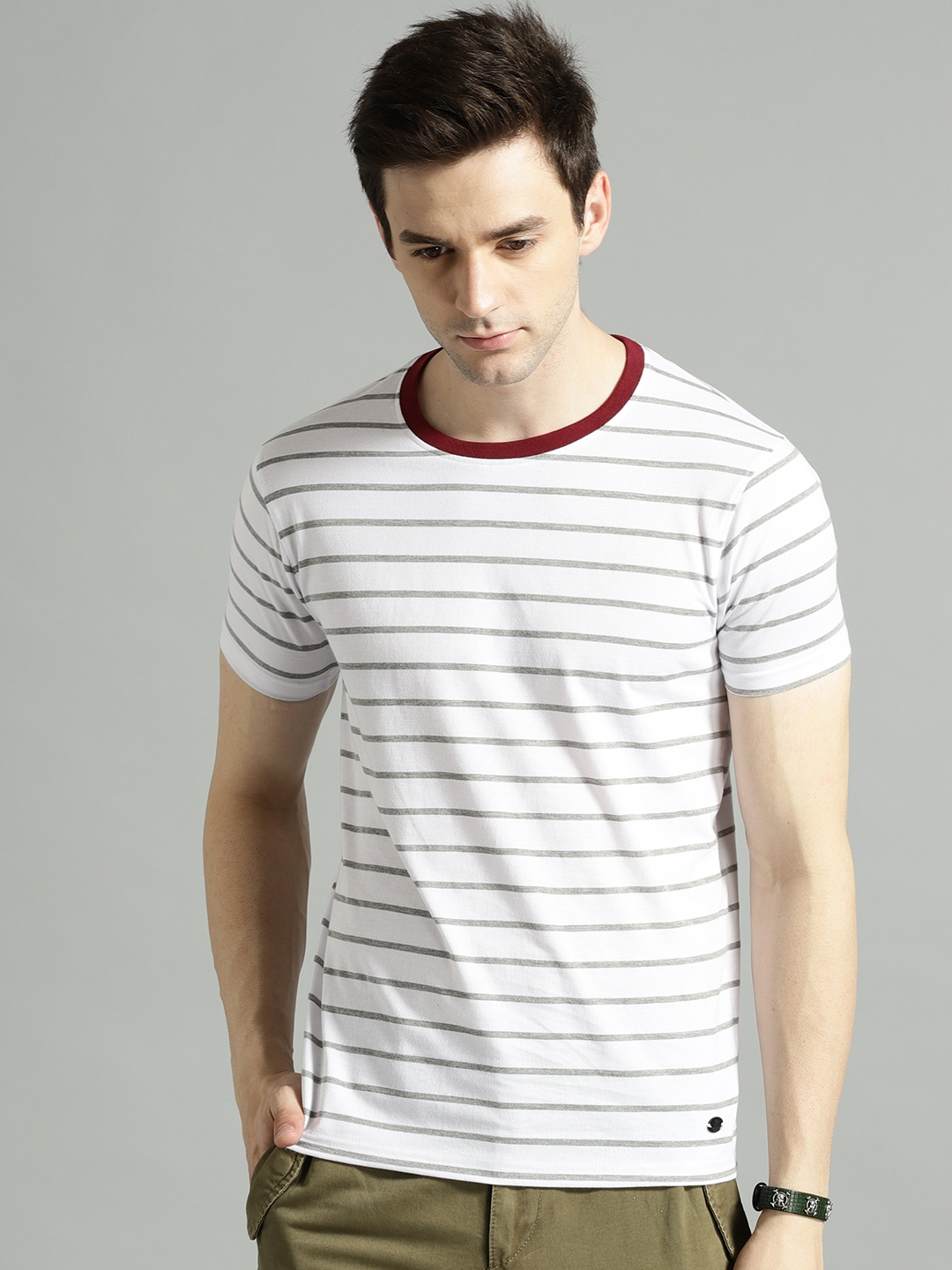 Buy Roadster Men White & Grey Striped Contrast Round Neck T Shirt ...