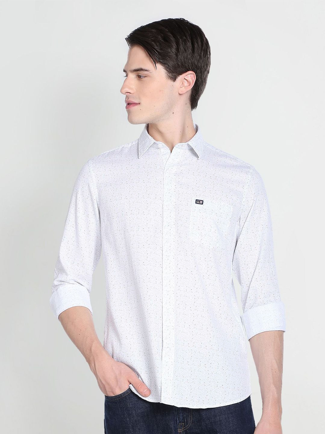 Men's Off White Smart Slim Fit Micro Ditsy Printed Oxford Cotton Casual Shirt