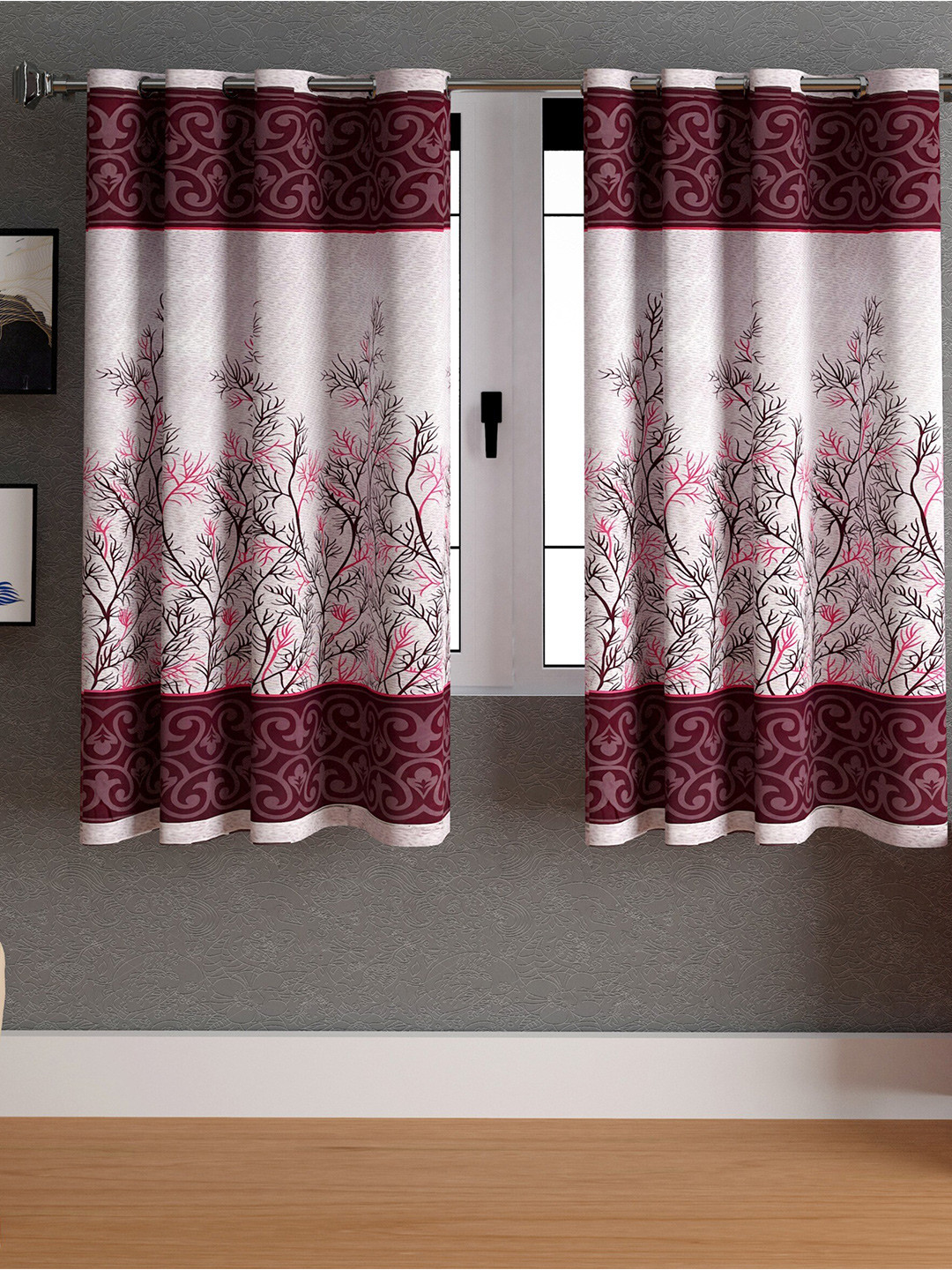 Buy LA VERNE Maroon & White 2 Pieces Floral Window Curtains Curtains
