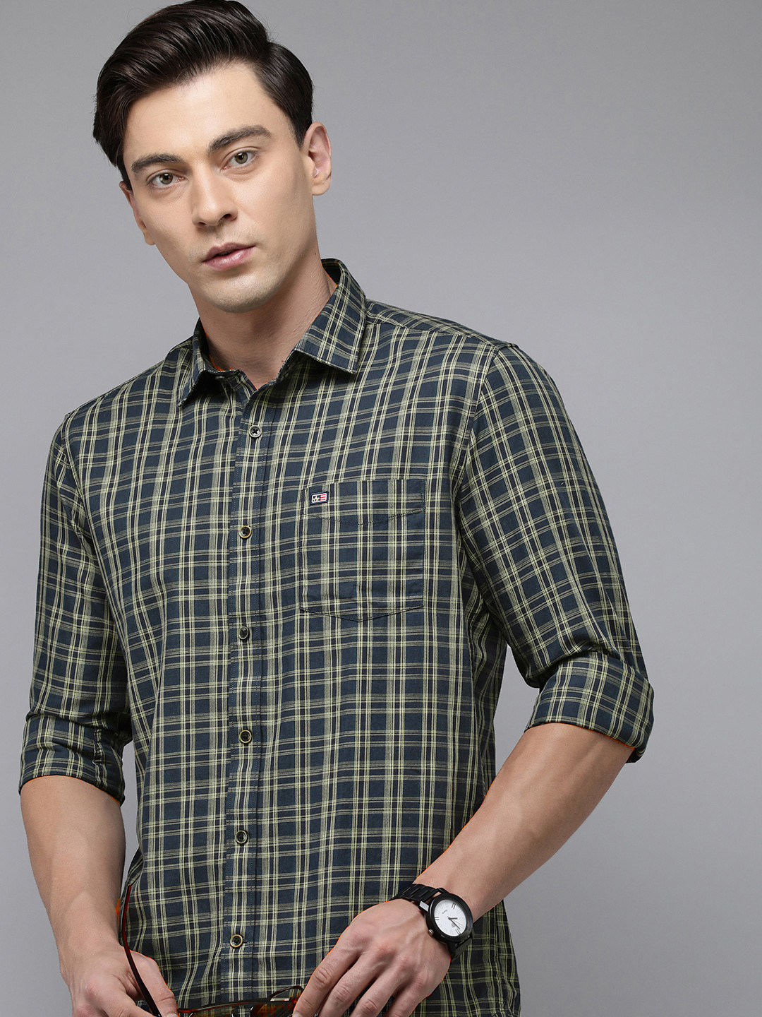 Men's Sea Green Standard Slim Fit Tartan Checked Weave Cotton Shirt