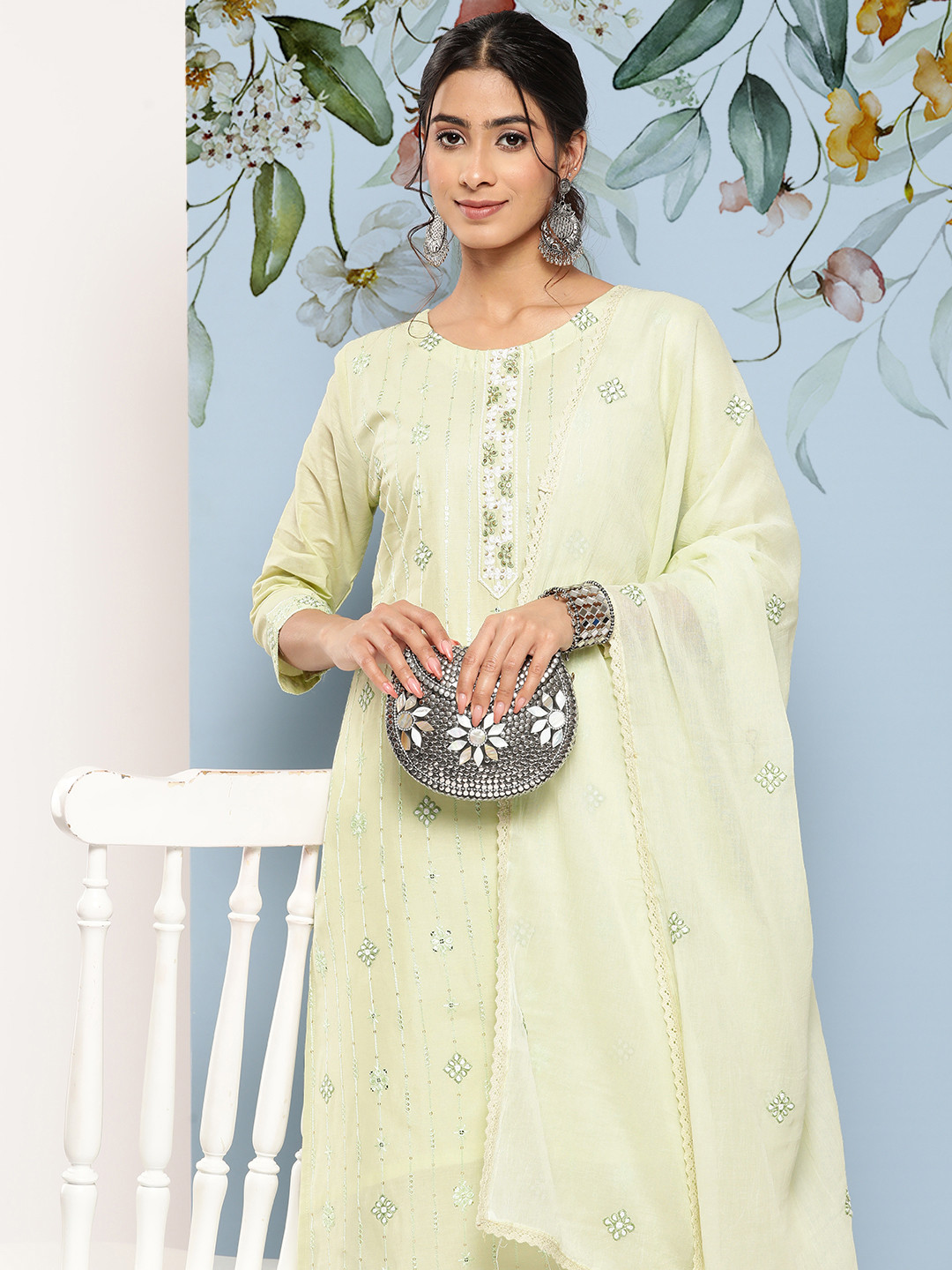 Ethnic Motifs Embroidered Regular Sequinned Kurta With Trousers & Dupatta