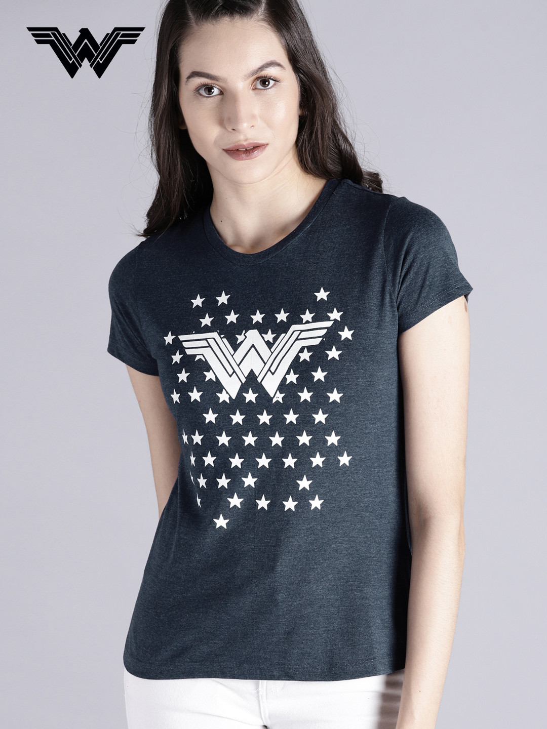 Buy Wonder Woman Women Navy Blue Printed Round Neck Pure Cotton T Shirt